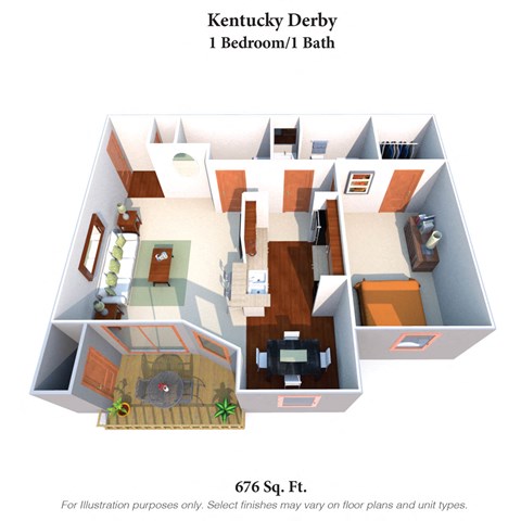 Floor plan for 1 bed, 1 bath, 676 sqft